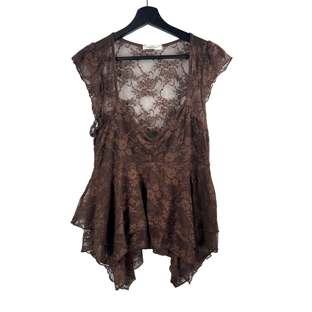 Rebellious Dreamer Top L Brown Fairycore Handkerchief Hem Floral whimsigoth Y2K